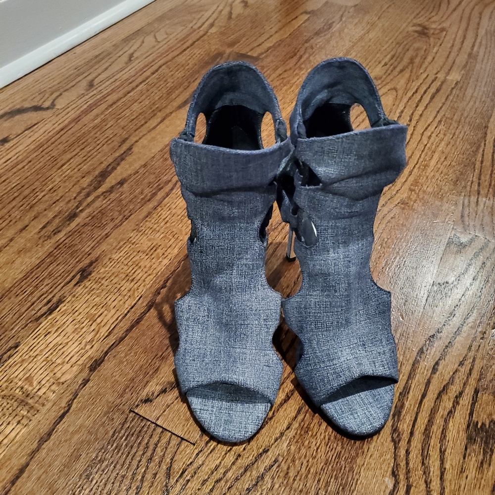 Jimmy Choo Blue Denim Cut Out Lace Detail Lucky Peep Toe Sandals